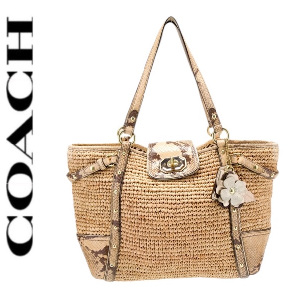 Coach Handbags - COACH Natalie Weekender Straw Leather Python Turn Lock Tote Bag 16839 $398
